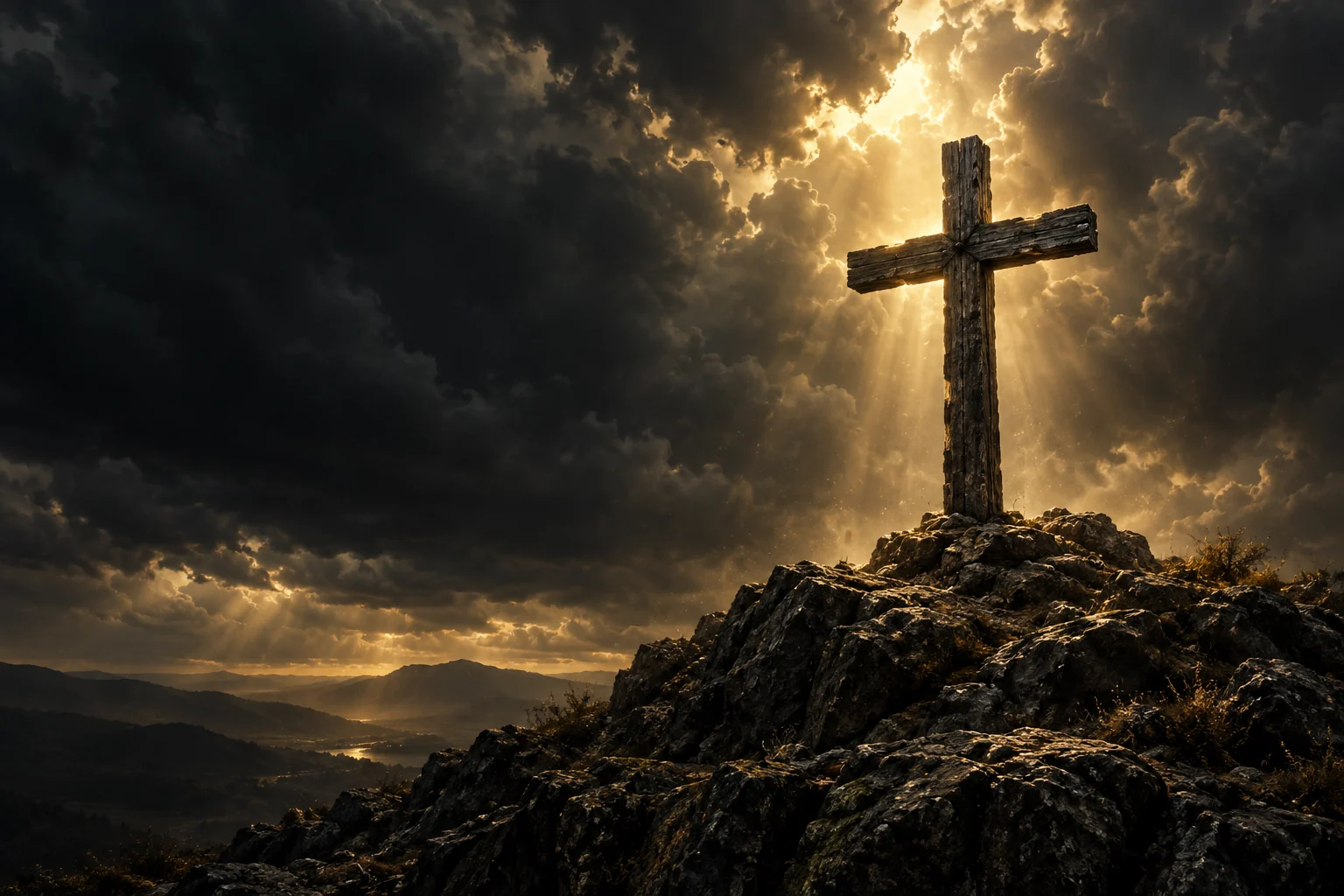 An empty wooden cross beneath golden light