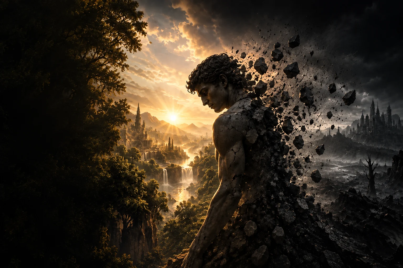 A fractured stone figure between a flourishing world and a dark, broken landscape