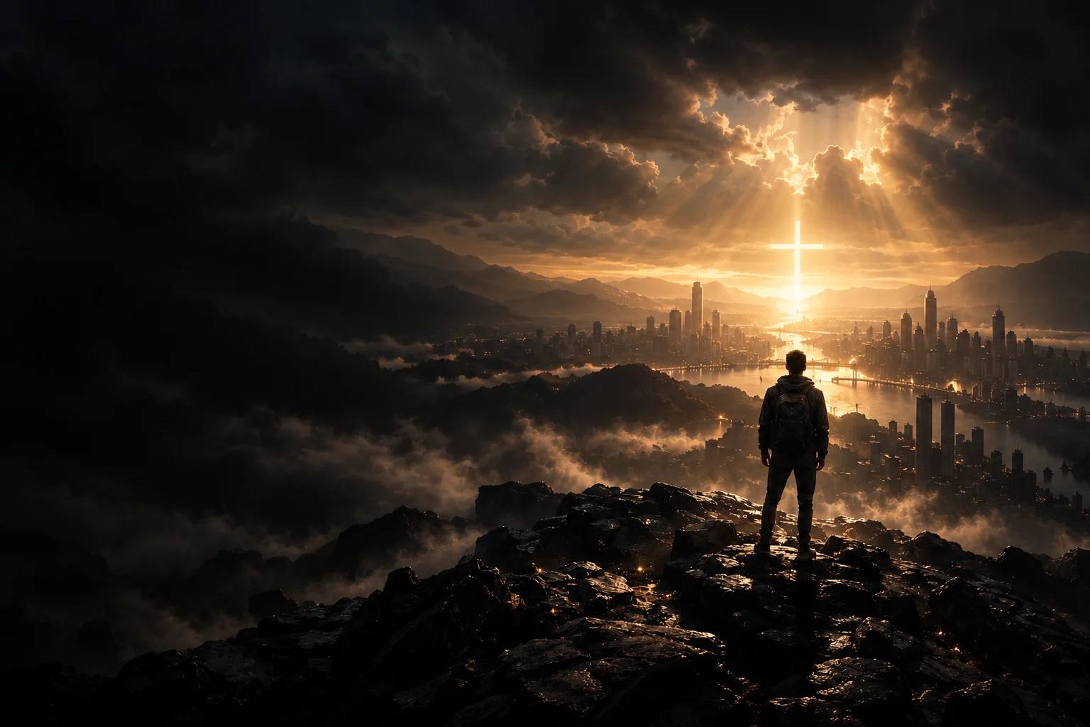 A traveler overlooking a city beneath a golden sky and a shining cross