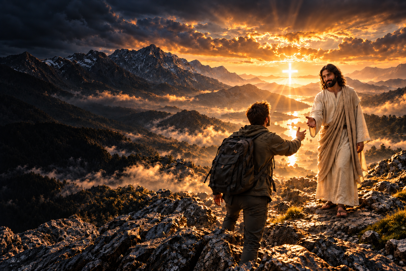 A traveler facing Jesus, who stands ahead and offers His hand beside a sunlit valley