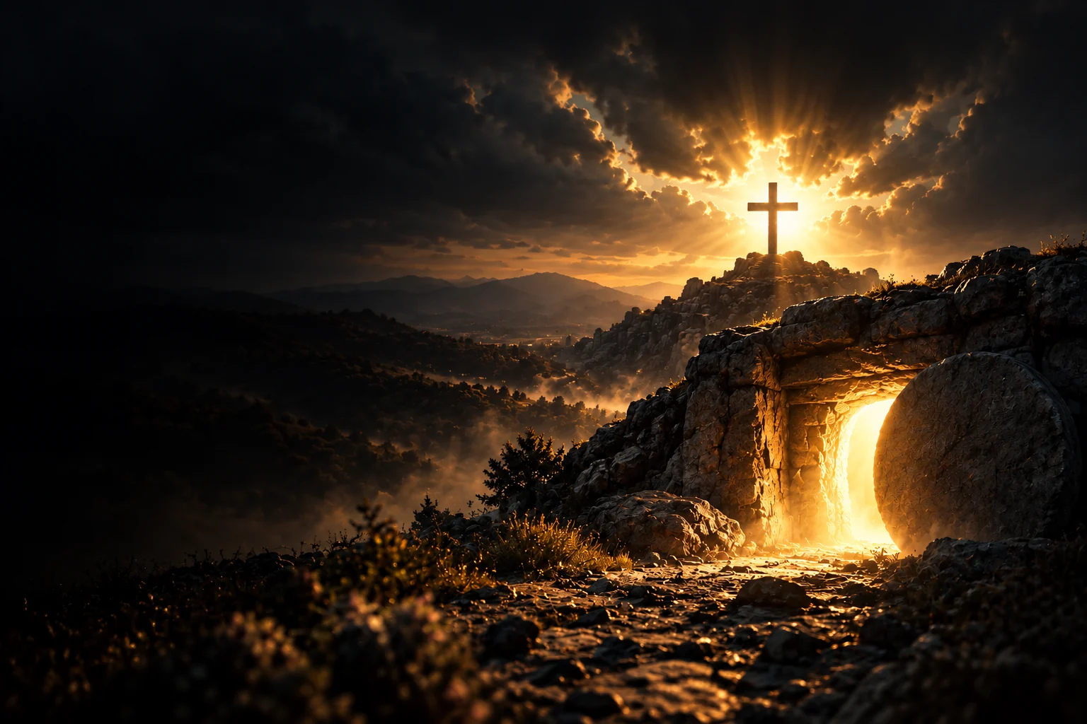An empty tomb with the stone rolled away, illuminated beneath a cross